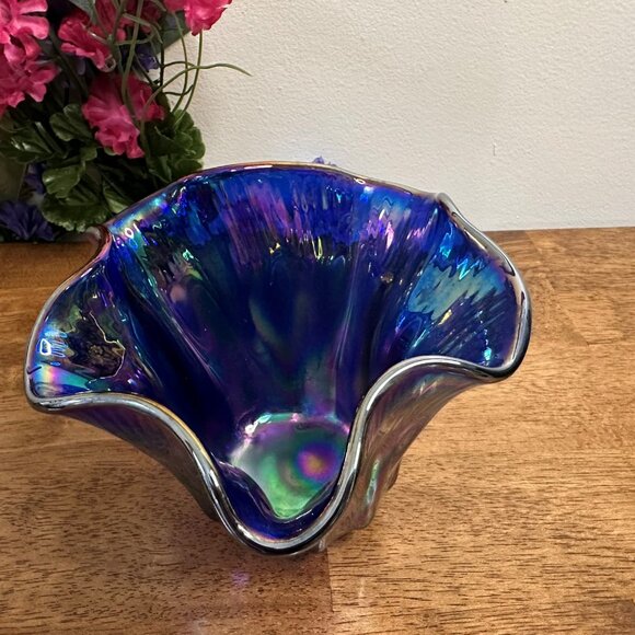 Vintage Cobalt Blue Glass Bowl Ruffled Edge Art Deco Centerpiece - Picture 4 of 6